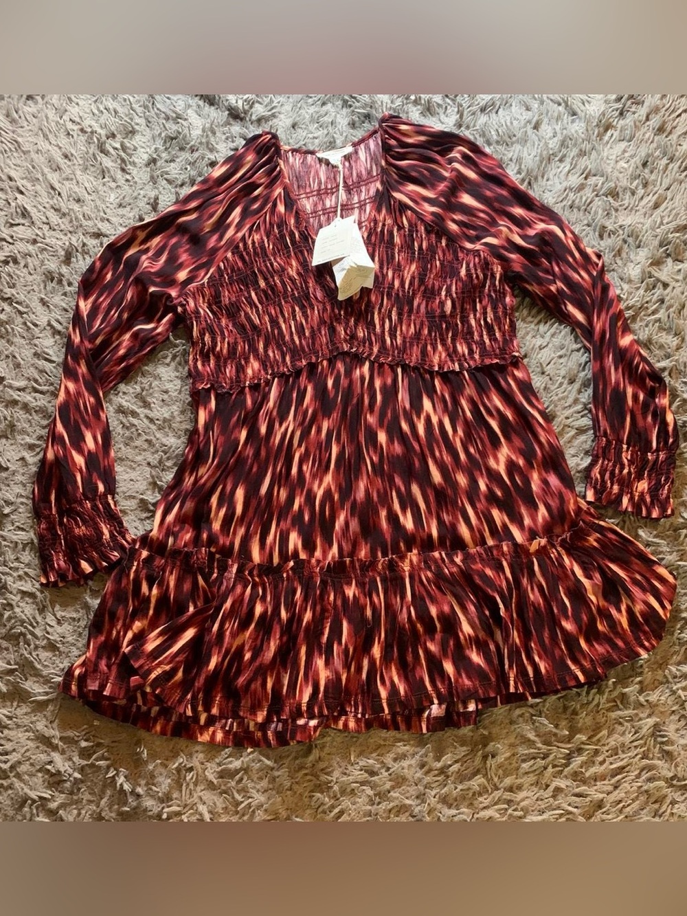 NWT BeachLunchLounge Talia red and black Long Sleeve Babydoll Mini Dress sz XL